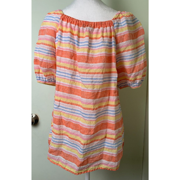 Talbots Linen Blouse Womens Size L Striped Colorful Short Sleeve Square Neck - Picture 4 of 7